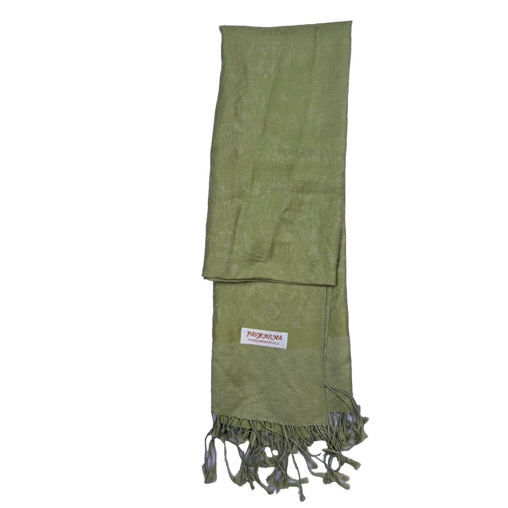 Pashmina Silk Shawl  Green 70% Pashmina 30% Silk Fringe 73X23"